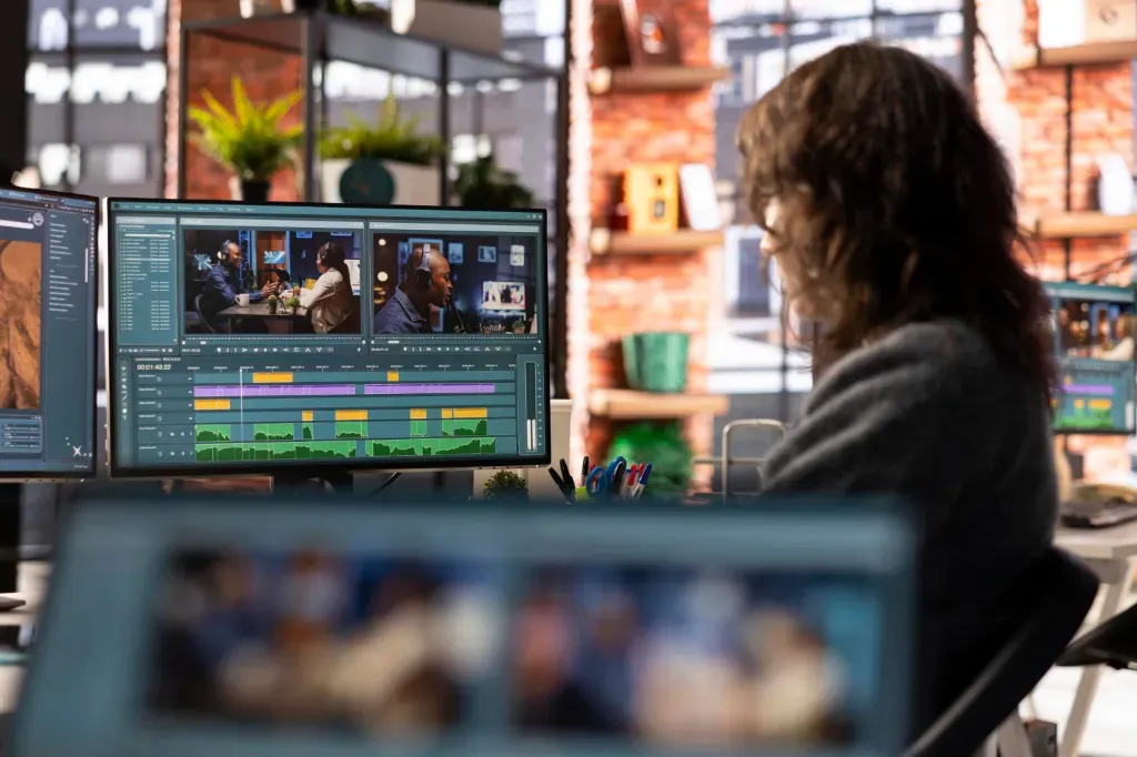 kobieta pracująca przy komputerze z uruchomionym programem do edycji video
