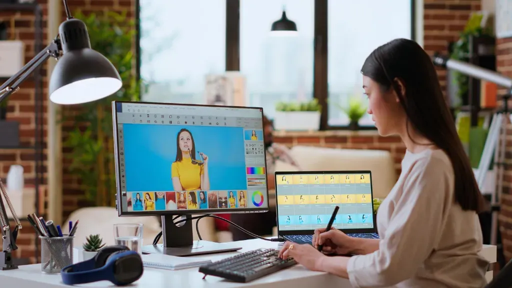 kobieta przy komputerze i otwartym porgramie graficznym