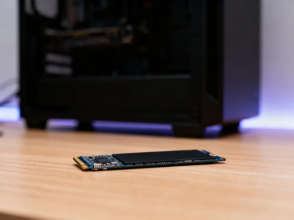 Dysk SSD leżący na drewnianym biurku w tle z otwartą obudową komputera. Zbliżenie na złącza dysku.