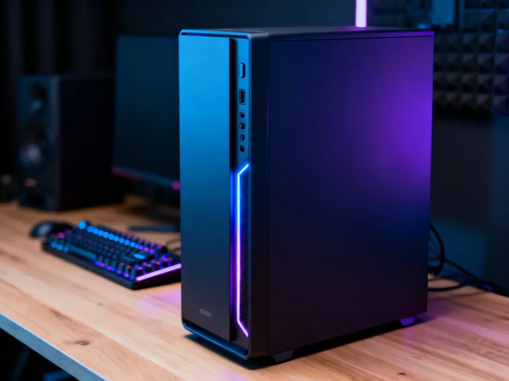 Nowoczesny komputer gamingowy z podświetleniem RGB na drewnianym biurku w minimalistycznym pokoju gracza.