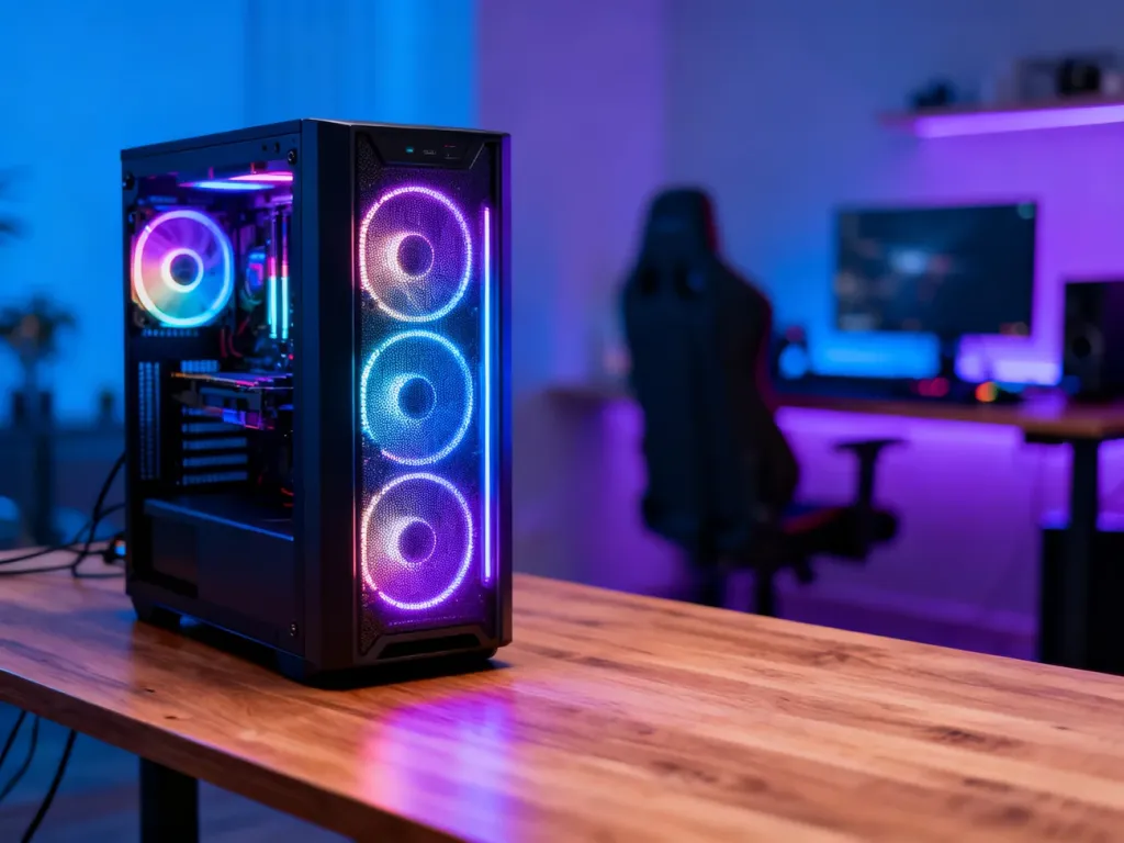Wydajny komputer gamingowy z podświetleniem RGB stojący na drewnianym biurku w nowoczesnym pokoju gracza.
