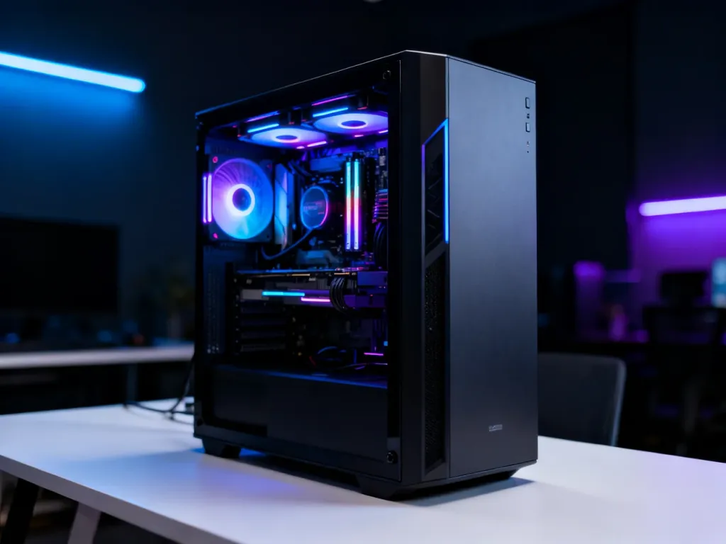Nowoczesna obudowa komputera gamingowego z podświetleniem RGB na minimalistycznym biurku w przyciemnionym pokoju.