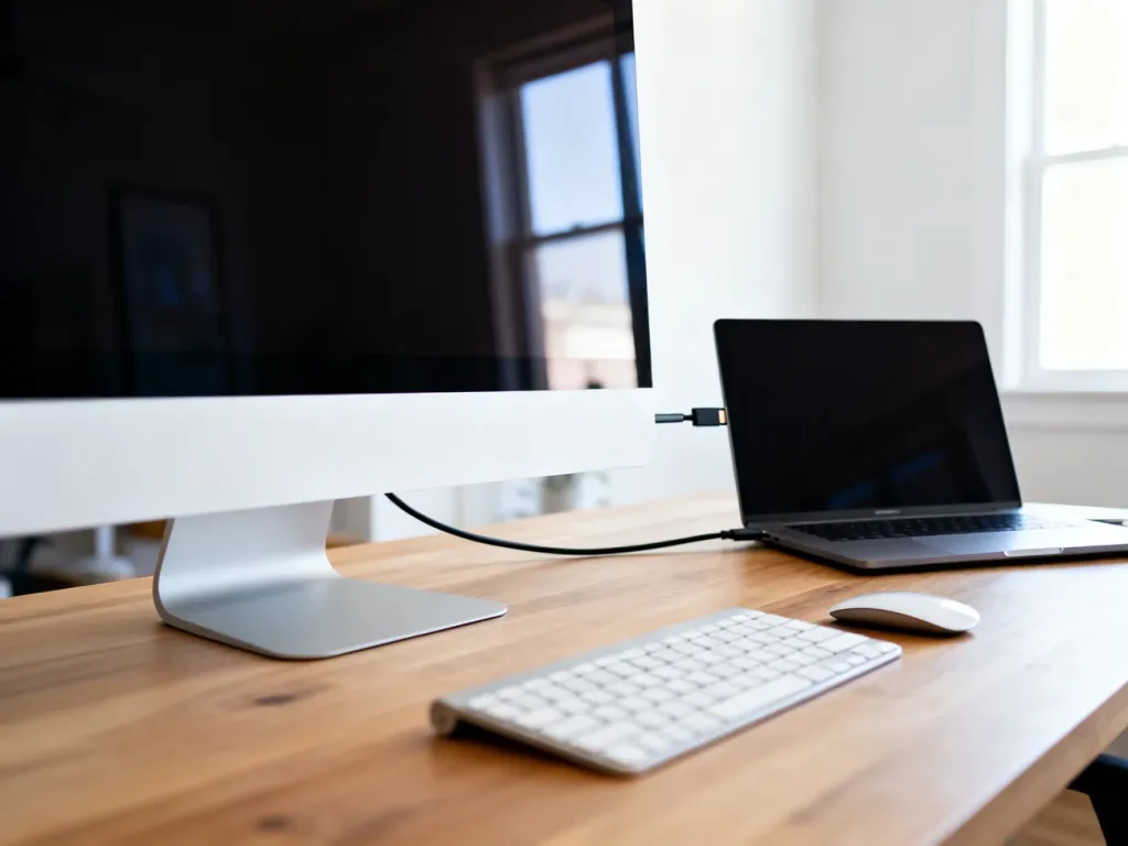 Laptop podłączony do zewnętrznego monitora na biurku, ilustrujący proces konfiguracji stanowiska z dwoma ekranami.