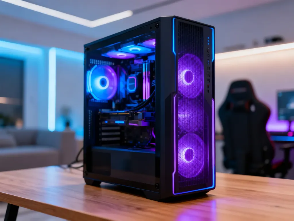 Wydajny komputer stacjonarny z podświetleniem RGB w nowoczesnym pokoju gracza.