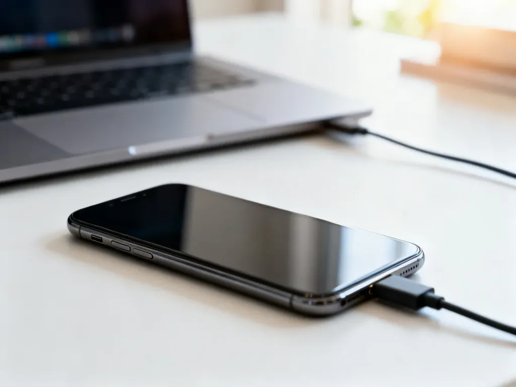 Smartfon podłączony kablem USB do laptopa na biurku, ilustrujący proces łączenia urządzeń.